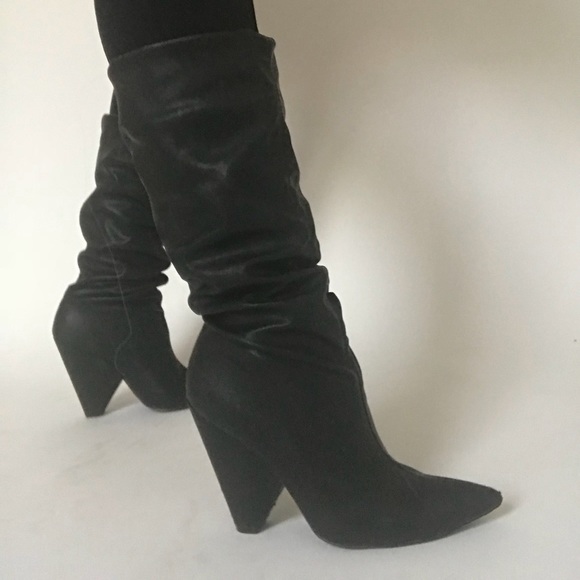Vegan Leather Pointed Toe Scrunchy Heeled Boots - Picture 2 of 3